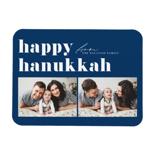 Magnet Flexible Bleu Retro Typographie Happy Hanoukka Deux photos (Horizontal)
