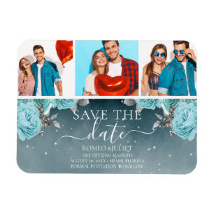 Magnet Flexible Blue Floral Wedding Enregistrer la date Photo Coll