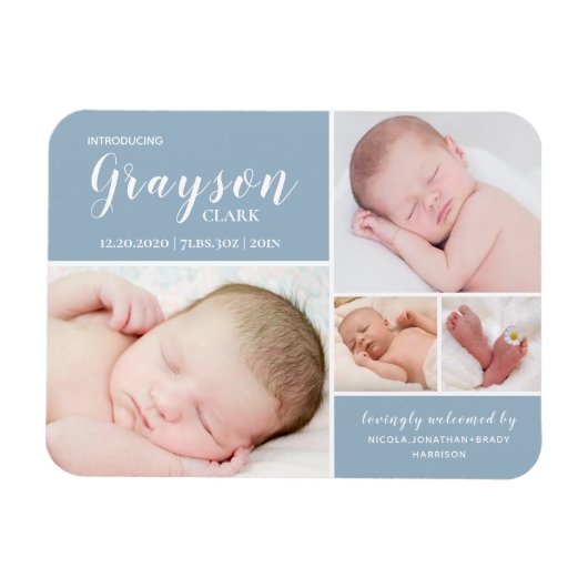 Magnet Flexible Blue Photo Collage Baby Boy Faire-part de naissanc (Horizontal)