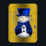 Magnet Flexible Blue Snowman sur Gold Christmas<br><div class="desc">Un motif de Noël mignon et coloré avec des bonhomme de neige vêtus d'un chapeau et de gilets en velours bleu,  sur un arrière - plan doré festif aux étoiles dorées pour ajouter une touche chic et fantaisiste à vos décorations de maison de Noël cette année.</div>