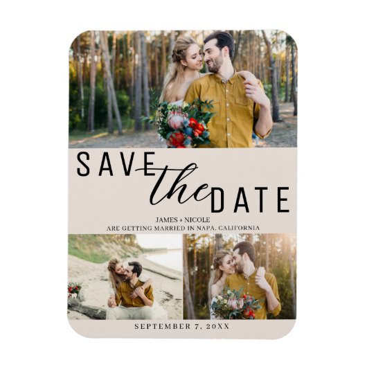 Magnet Flexible Blush Tan Enregistrer la date Mariage 3 photos (Vertical)