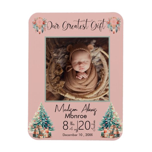 Magnet Flexible Boho Christmas Baby Stats Faire-part de naissance (Vertical)