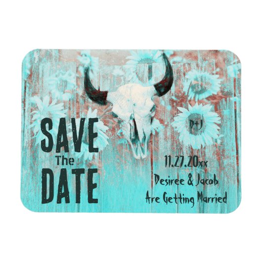 Magnet Flexible Boho rustique Tournesols Turquoises Vache occident (Horizontal)