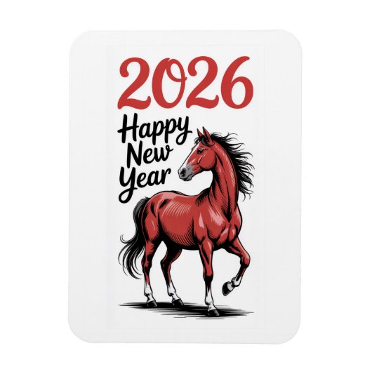 Magnet Flexible Bonne année 2026 Carte Cheval Rouge Illustration (Vertical)
