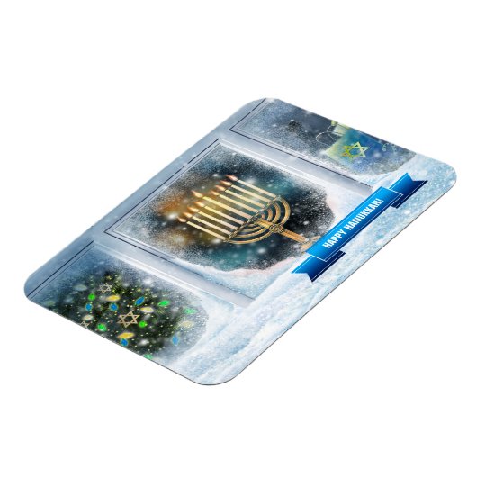 Magnet Flexible Bonne Hanoukka. Scène de neige avec Menorah (Côté Gauche)