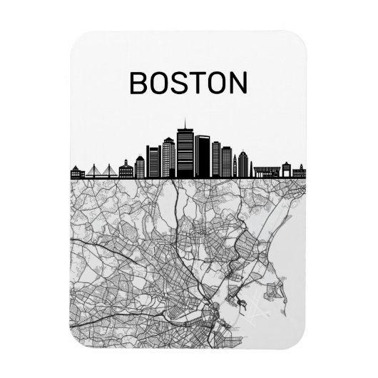 Magnet Flexible Boston Massachusetts City Skyline avec carte (Vertical)