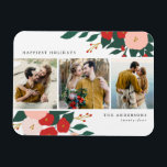 Magnet Flexible Botanique d'hiver | Photo de vacances<br><div class="desc">Montrez 3 de vos photos préférées avec notre aimant photo Winter Botanical. L'aimant de vacances présente 3 de vos photos encadrées de blanc avec bouquets de fleurs rouges et roses,  de feuilles verts et d'or. Personnalisez les magnets photo personnalisés en ajoutant un message d'accueil personnalisé,  votre nom et l'année.</div>