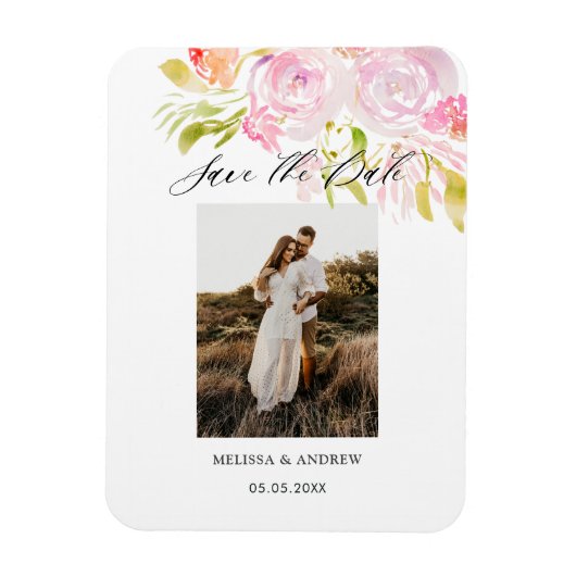 Magnet Flexible Bouquet Rose Aquarelle Enregistrer La Date (Vertical)