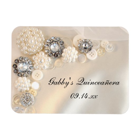 Magnet Flexible Boutons de perles blanches et de diamants Quinceañ (Horizontal)