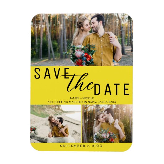 Magnet Flexible Bright Yellow Enregistrer la date Mariage 3 photos (Vertical)