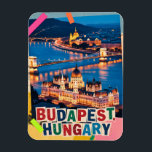Magnet Flexible Budapest Hungary Night Cityscape Pop Art Collage<br><div class="desc">Budapest Hungary night cityscape showcasing the historic Parliament building and Chain Bridge glowing along the Danube River. This illuminated skyline is reimagined as a pop art collage, blending classic vintage retro travel vibes with mixed media textures to celebrate Eastern Europe travel. Often called the 'Pearl of the Danube, ' this...</div>