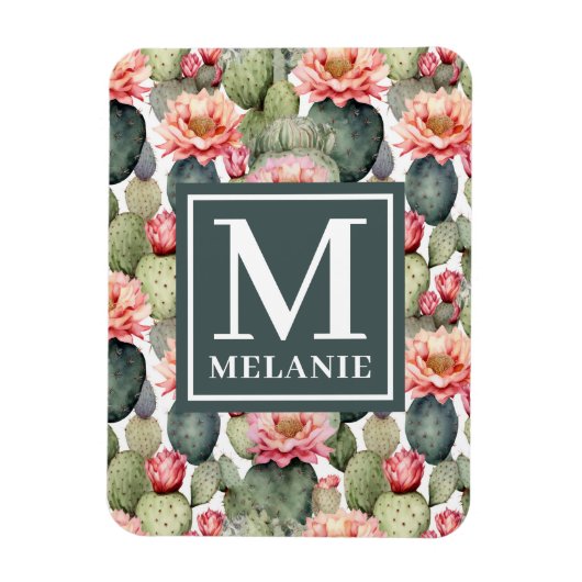 Magnet Flexible Cactus Motif Fleurs roses Monogramme Flexible (Vertical)