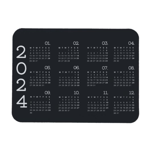 Magnet Flexible Calendrier 2024 Année Pleine Noir Et Blanc Élégant (Horizontal)