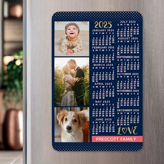 Magnet Flexible Calendrier 2025 Navy Corail Or Collage de photos d
