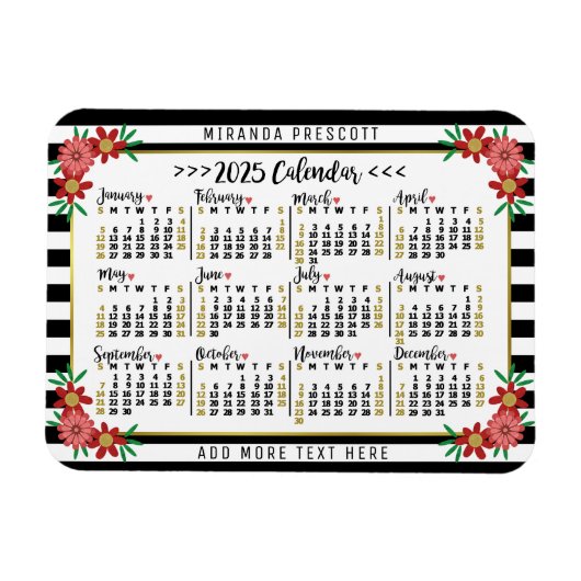 Magnet Flexible Calendrier annuel 2025 Mensuel Rayures Florales |  (Horizontal)