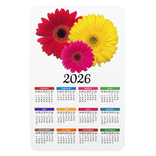 Magnet Flexible Calendrier de marguerite 2026 rose jaune rouge Ger (Vertical)