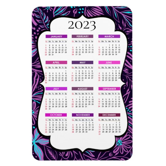Magnet Flexible Calendrier des Feuilles tropicaux pourpres et bleu (Vertical)