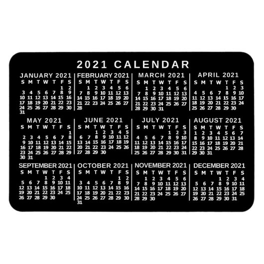 Magnet Flexible Calendrier mensuel 2021 - Noir et blanc (Horizontal)