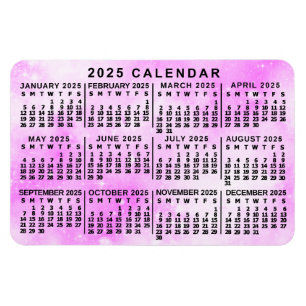 Magnet Flexible Calendrier mensuel 2025 Étoiles d'aquarelle rose