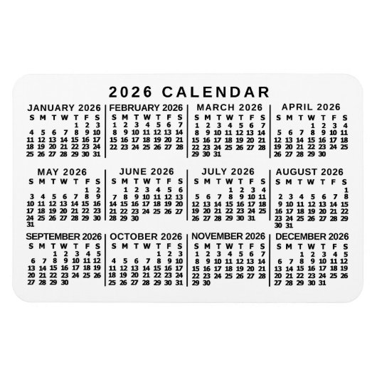 Magnet Flexible Calendrier mensuel 2026 classique blanc et noir (Horizontal)