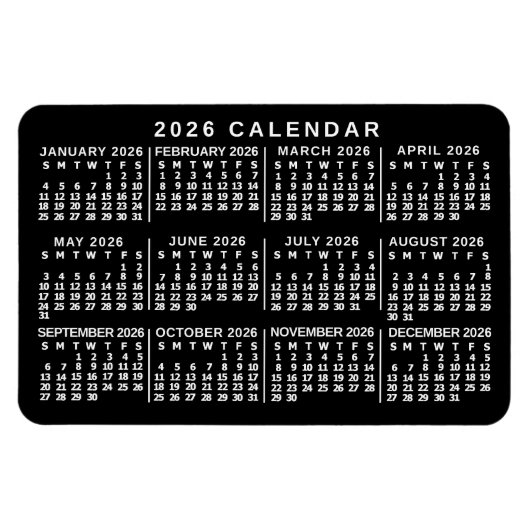 Magnet Flexible Calendrier mensuel 2026 Classique Noir et Blanc (Horizontal)