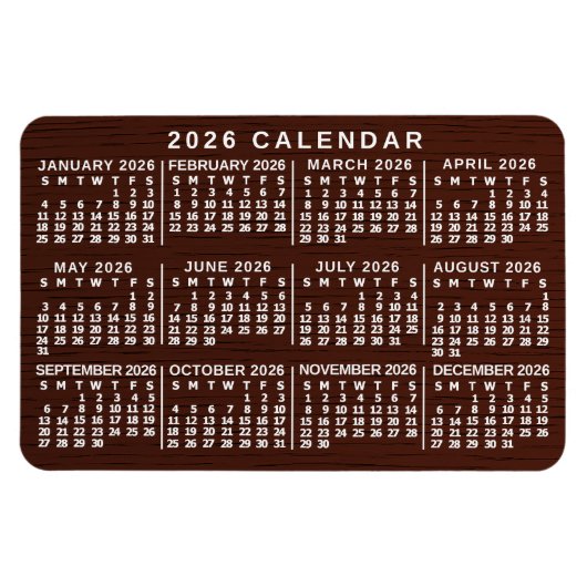 Magnet Flexible Calendrier mensuel 2026 Grain de bois marron Simpl (Horizontal)