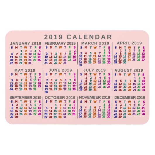 Magnet Flexible Calendrier mensuel de 2019 rose pâle (Horizontal)