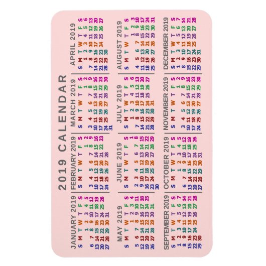 Magnet Flexible Calendrier mensuel de 2019 rose pâle (Vertical)