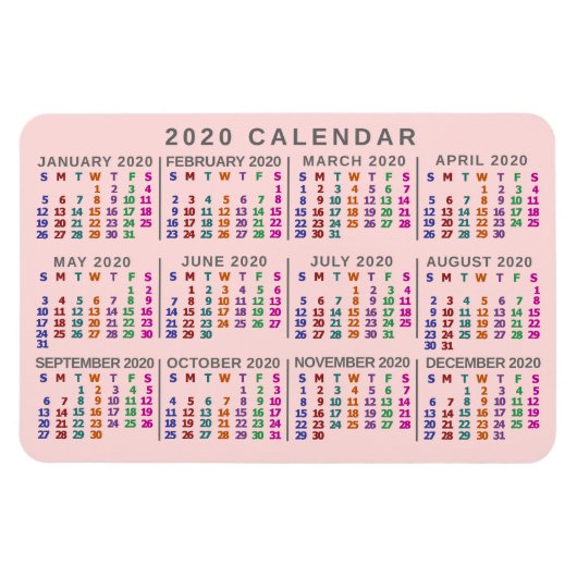 Magnet Flexible Calendrier mensuel de 2020 année rose pâle (Horizontal)