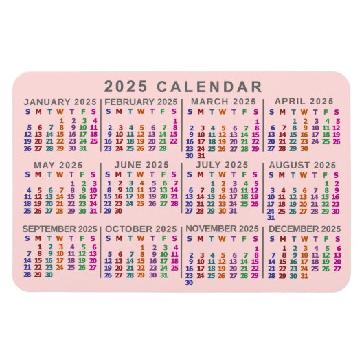 Magnet Flexible Calendrier mensuel de 2025 Rose pâle (Horizontal)