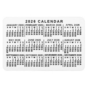 Magnet Flexible Calendrier mensuel de l'année 2026 blanc et noir c