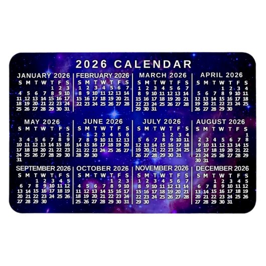 Magnet Flexible Calendrier mensuel de l'année 2026 Nébuleuse Espac (Horizontal)
