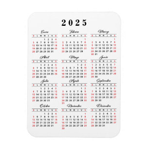 Magnet Flexible Calendrier simple 2025 en espagnol blanc noir roug