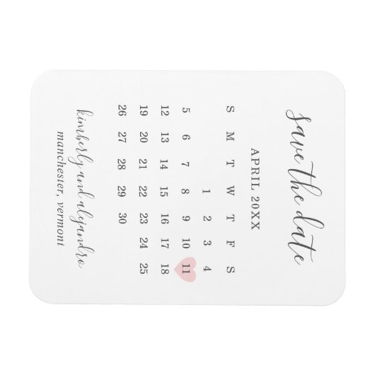 Magnet Flexible Calendrier simple Pastel Pink Heart Enregistrer la (Horizontal)