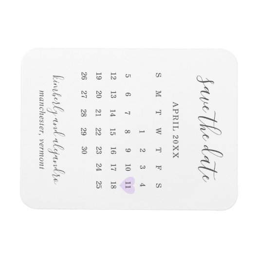 Magnet Flexible Calendrier simple Pastel Purple Heart Enregistrer (Horizontal)