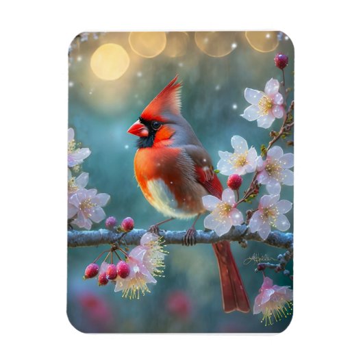 Magnet Flexible Cardinal masculin en fleurs de cerisiers au clair  (Vertical)