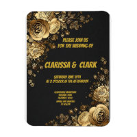 Carte de mariage décorée de fleurs dorées sur un f