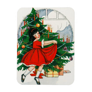 Magnet Flexible Carte de Noël rétro, enfant et sapin de Noël