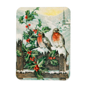 Magnet Flexible Carte de Noël vintage avec rouges-gorges, houx, ég