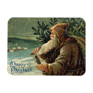 Magnet Flexible Carte de Noël vintage, Père Noël et arbre