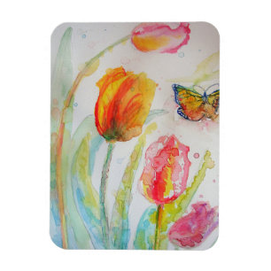 Magnet Flexible Cartes de vœux aquarelle Tulipe et Papillon Coloré