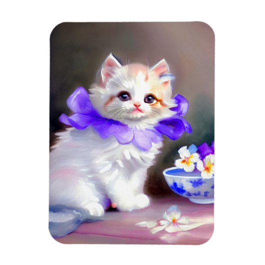 Magnet Flexible Chat blanc avec collier de fleurs violettes (Vertical)