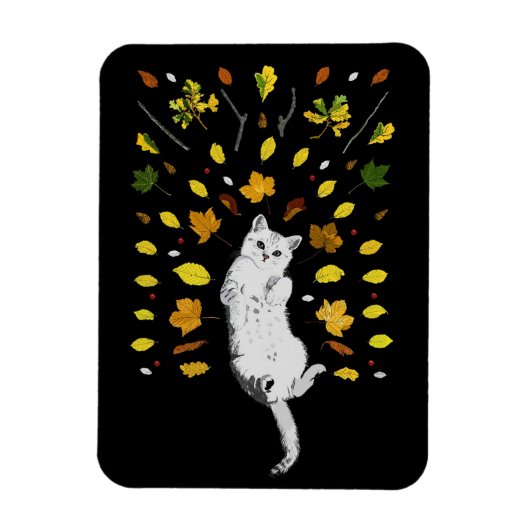 Magnet Flexible Chat blanc avec illustration de feuilles d'automne (Vertical)