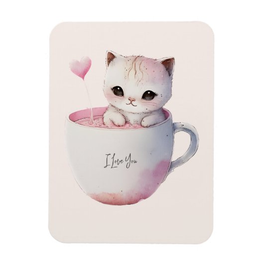 Magnet Flexible Chat blanc-rose mignonne dans une tasse de thé (4) (Vertical)
