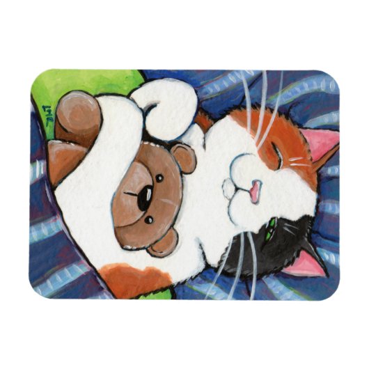 Magnet Flexible Chat Calico couché et ours en peluche (Horizontal)