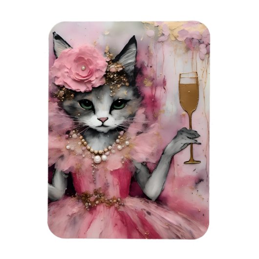 Magnet Flexible Chat dans une robe rose avec un verre d'or (Vertical)