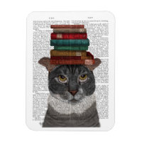 Chat gris avec des livres sur la tête
