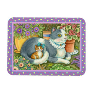 MAGNET FLEXIBLE CHAT MÈRE ET CUISINE, FLEURS POTÉES, BOWS & LACE