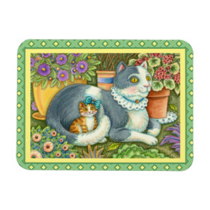 MAGNET FLEXIBLE CHAT MÈRE ET CUISINE, FLEURS POTÉES, BOWS & LACE