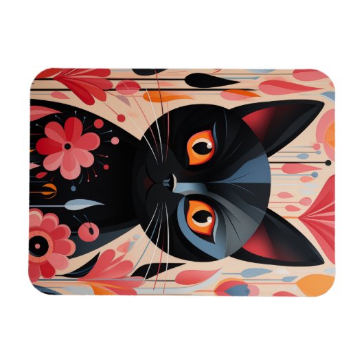 Magnet Flexible Chat Noir Adorable Avec Fleurs Roses (Horizontal)